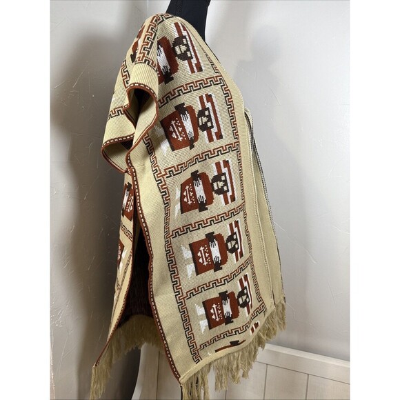 Southwest Aztec Poncho Kimono With Tie Closure Fringe Hem - Picture 13 of 14